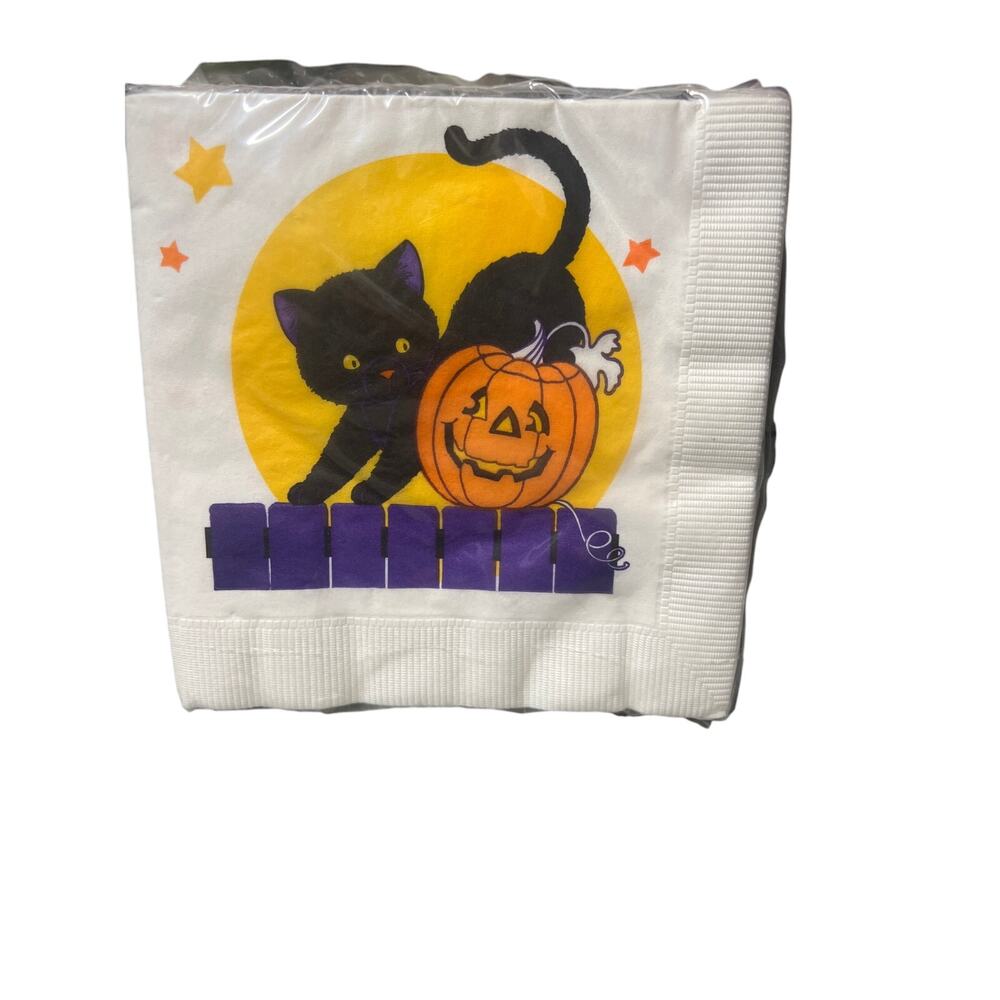 Vintage Halloween Napkins American Greetings cute black cat and pumpkin on fence